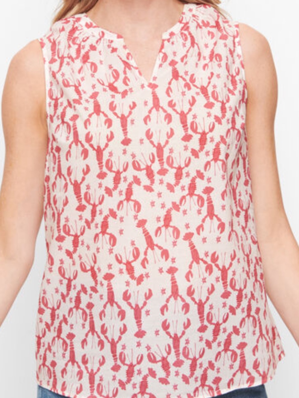 Talbots Red/Coral Lobster-Print Sleeveless Split-Neck Top